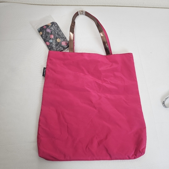 Lancome Hot Pink Nylon Tote Bag With Bronze Straps + Bonus Mini Pouch - Picture 5 of 7